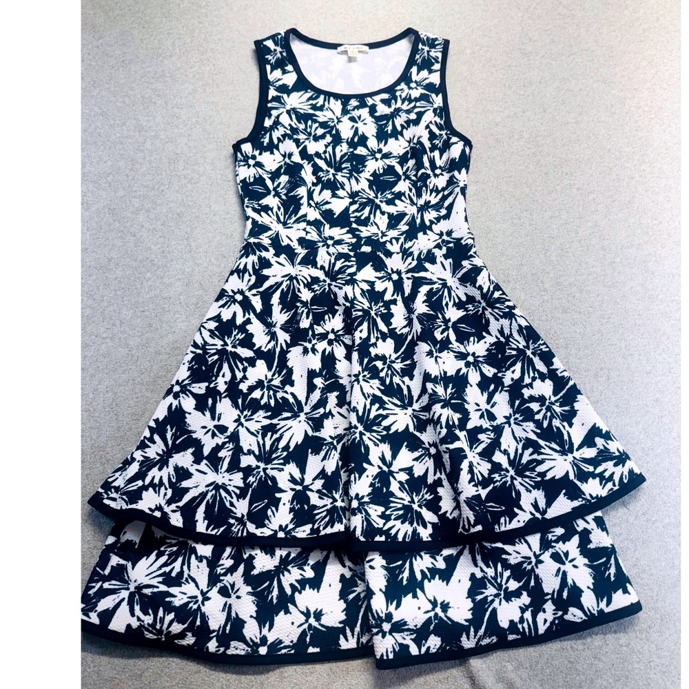 Mi ami Fit And Flare Dress Womens Small Navy Blue White Floral Tiered Sleeveless